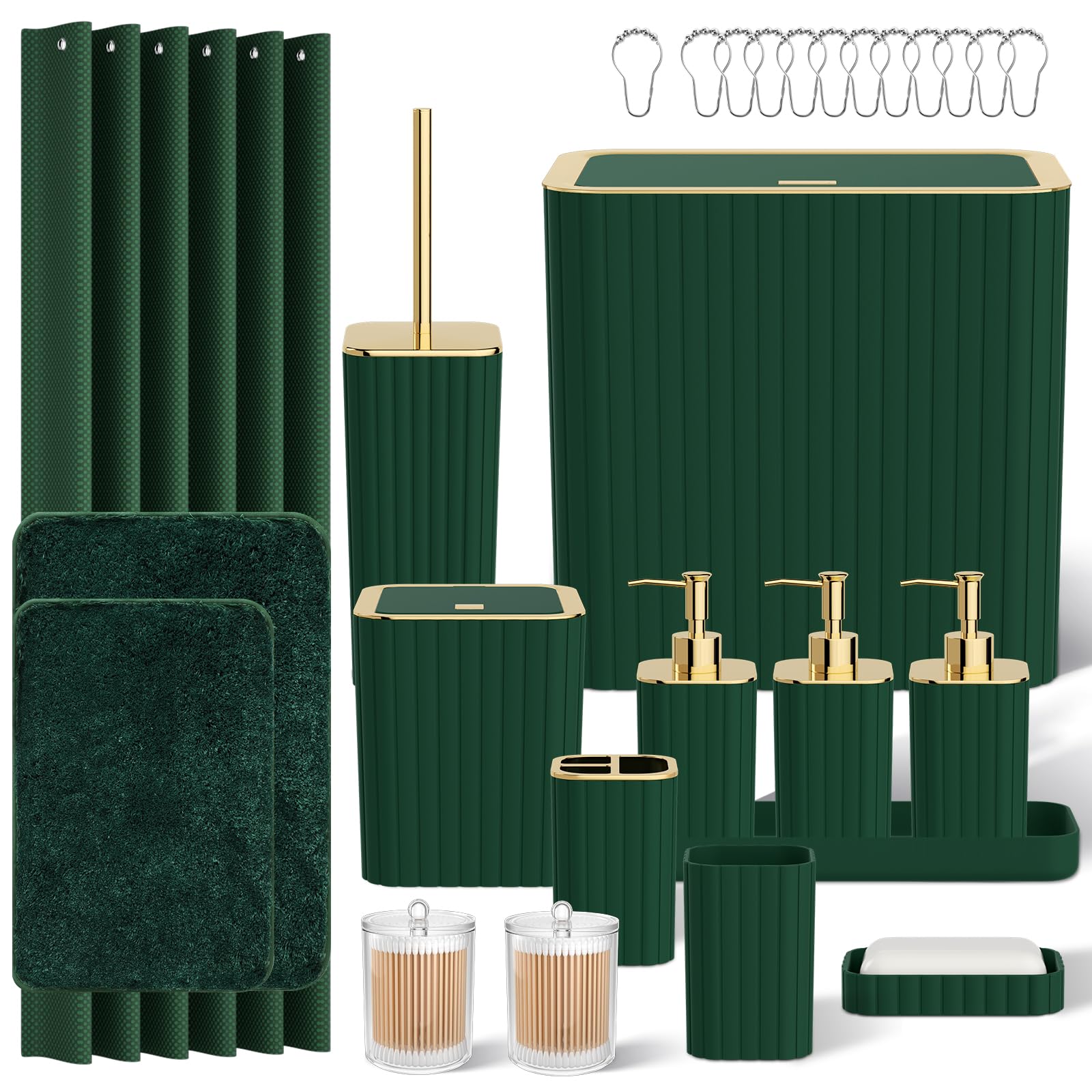 InnJoey Bathroom Sets with Shower Curtain and Rugs - Elegant Bathroom Set, 27PC Bathroom Accessories Set, Green Bathroom Set, Mini Trash Can, Toilet Brush, Trash Can & Soap Dispenser
