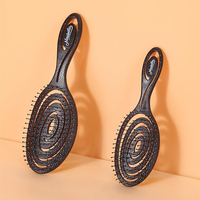 Ninabella Mini Spiral Brush - Hair Brush Detangler for Women - Pro Shower for Curly or Thick Hair - Small Travel Detangling Vent Hairbrushes -Black