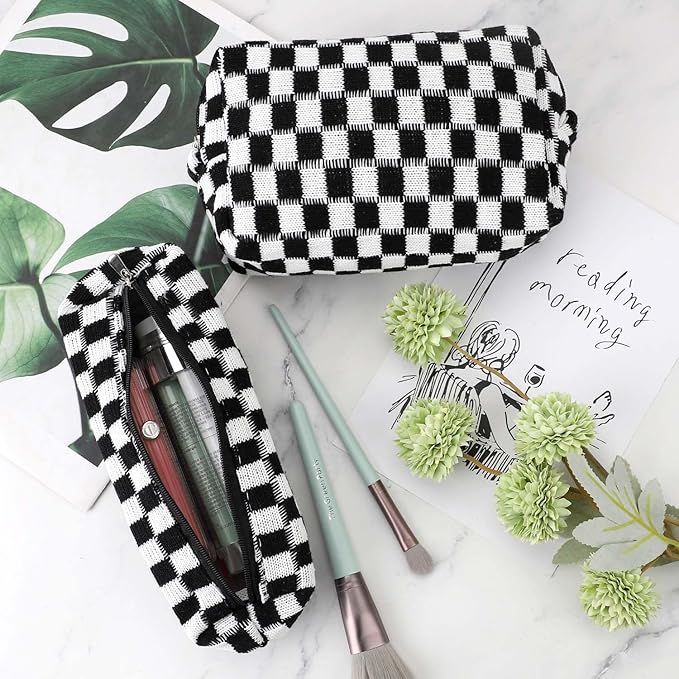 Gocvo 3 Pcs Makeup Bag Cosmetic Bag Set for Girls Women Checkered Travel Organizer Bathroom Toiletry Pouch Large Capacity Storage Bag (Black-White)