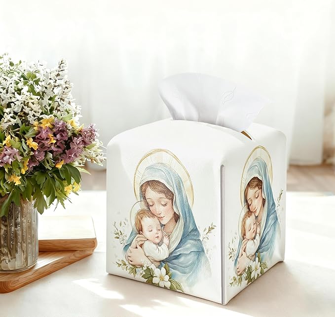 Holy Infant & Virgin Mary Square Tissue Box Cover, PU Leather Drawstring Bottom - Jesus and Virgin Mary, for Office, Bathroom, Home, Christian & Catholic Friends | Blue Decorative Organizer