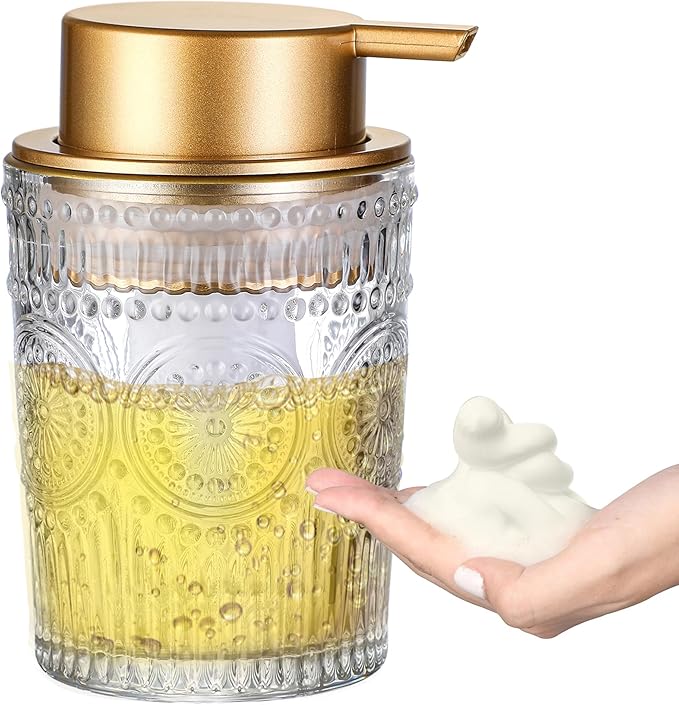 MKLZ 8 Oz Glass Foam Soap Dispenser, Hand Liquid Bottle with Gold Pump
