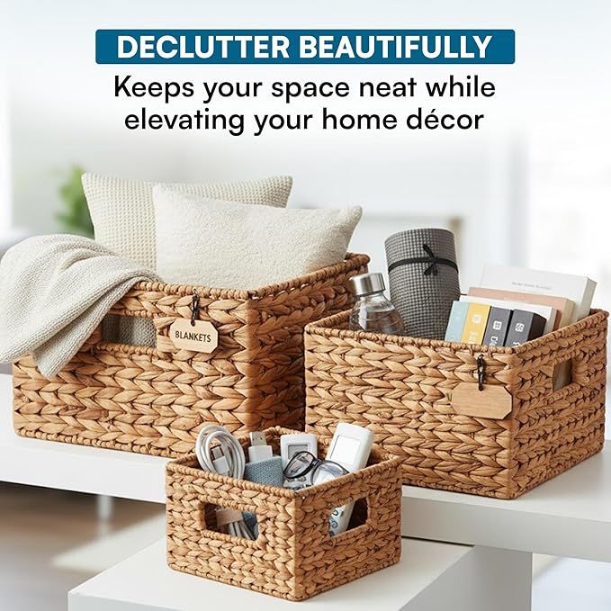 Honey-Can-Do Banana Leaf Storage Baskets –Water Hyacinth Woven Basket, Decorative Baskets for Shelves, Basket for Gifts, Closet, Pantry, and Home Organization, Set of 3, Multi-Size
