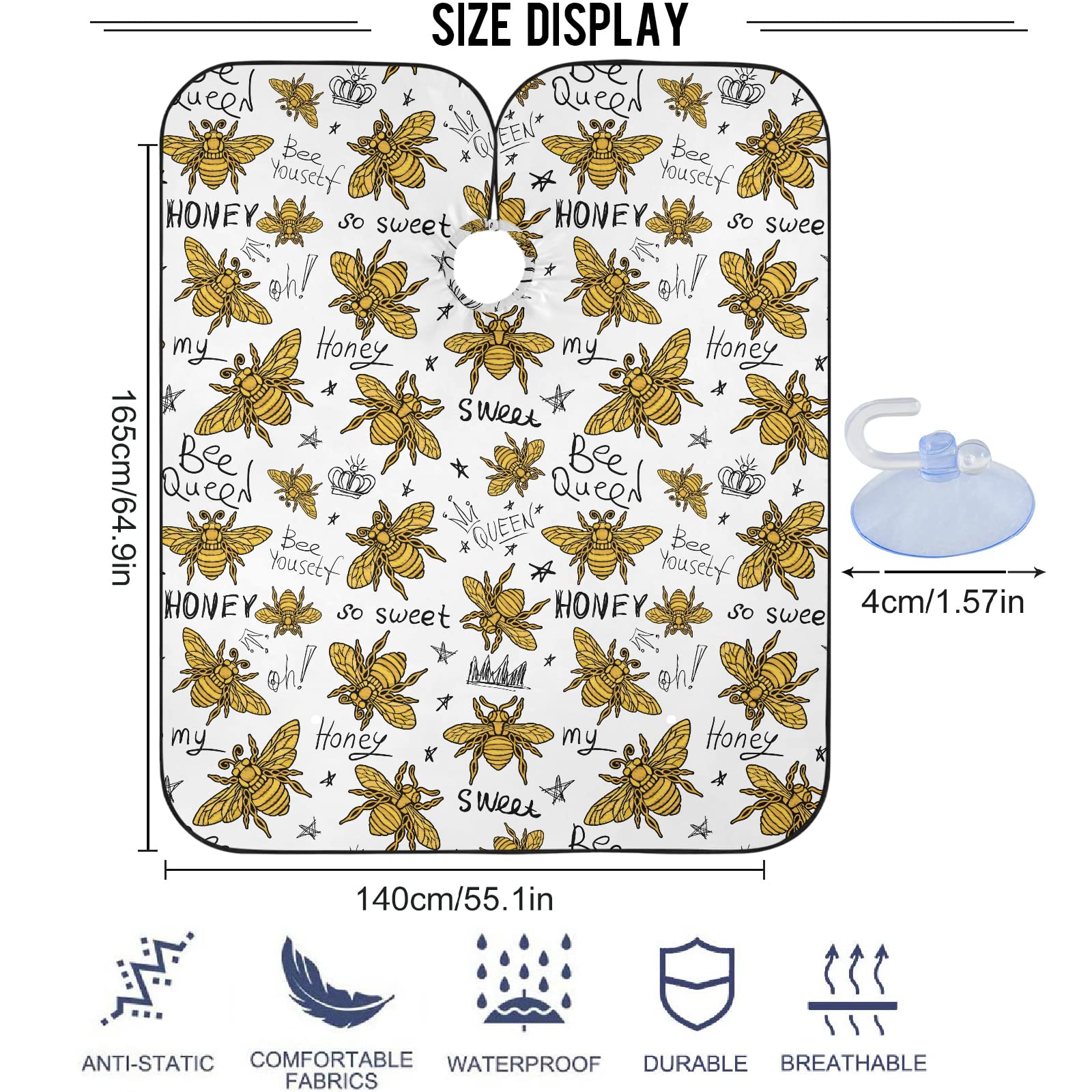 visesunny Barber Cape Honey Bee Golden Embroidery Queen Crown Polyester Hair Cutting Salon Cape Apron Anti-Static Haircut Water-Resistant Shaving Cloth Beard Shaving Bib Hairdressing Cape