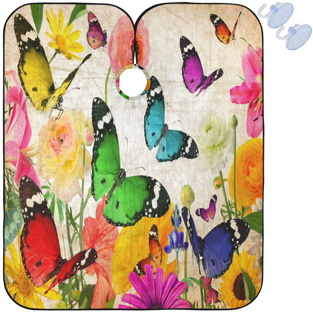 visesunny Barber Cape Abstract Vintage Flower Butterfly Polyester Hair Cutting Salon Cape Apron Anti-Static Haircut Water-Resistant Shaving Cloth Beard Shaving Bib Hairdressing Cape