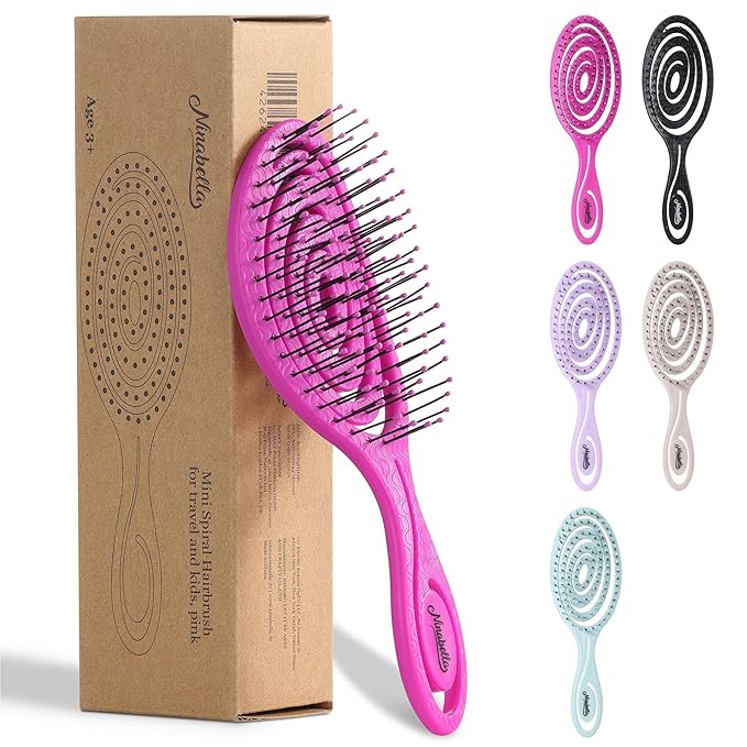 Ninabella Mini Spiral Hairbrush - Detangle Hair Brush - For Brushing Wet or Blow Dry Hair - Detangler Vent Brush - Hairbrushes for Travel - Neon Pink