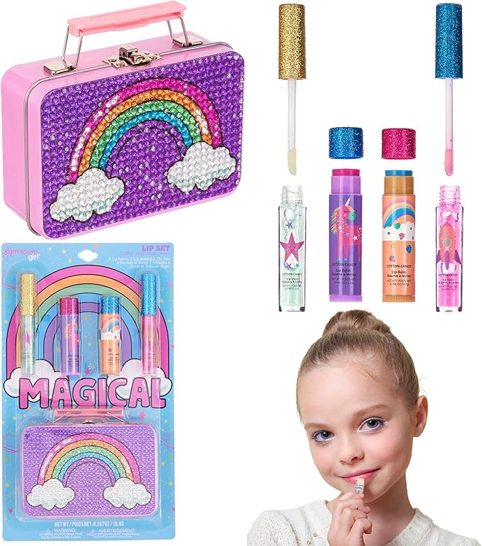5pc Rainbow Rhinestones Cosmetics Lip Kit For Kids w/Lip Glosses