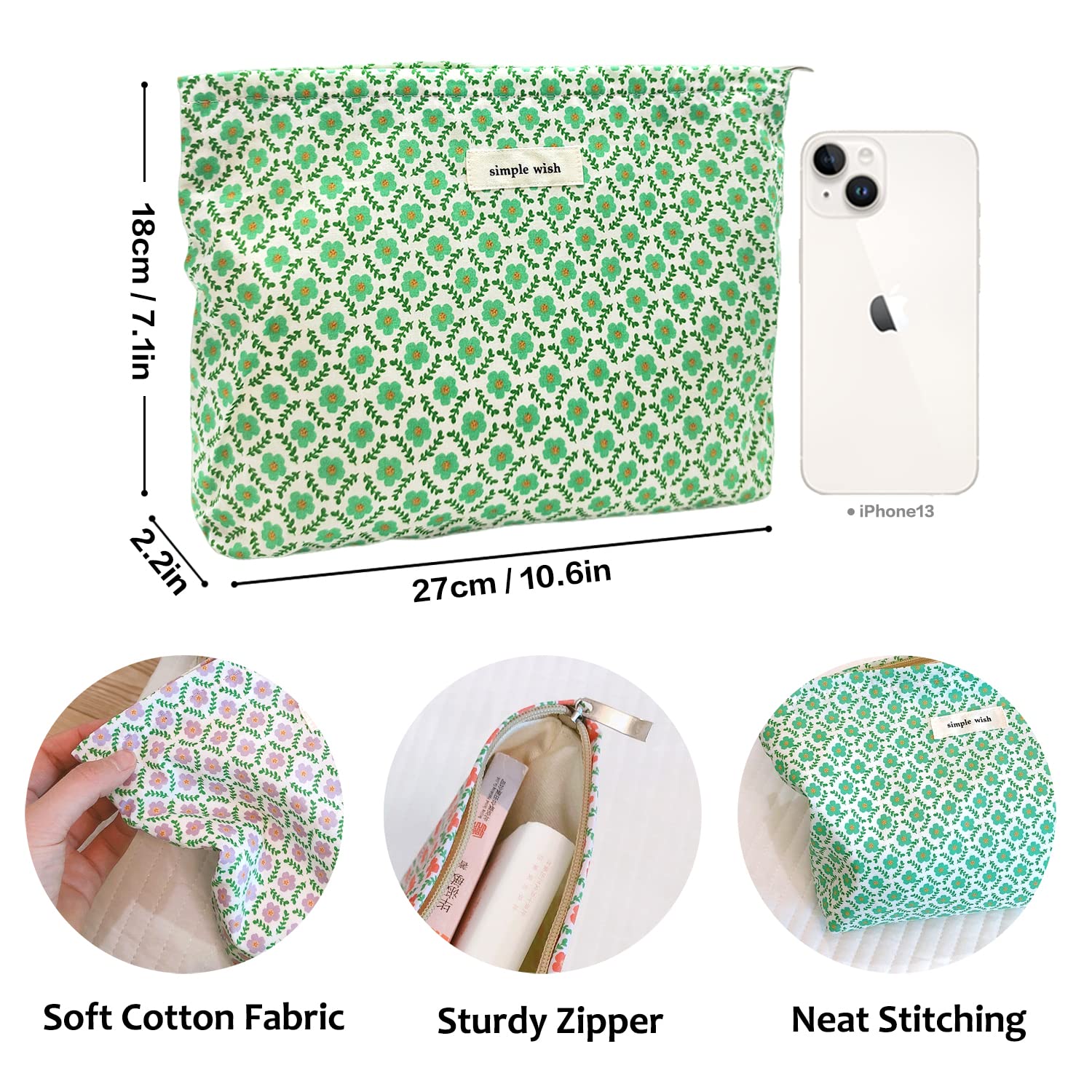 STARDW Aesthetic Floral Makeup Bag Cute Small Cosmetic Bags for Women Girls, Travel Toiletry Bag Large Capacity Zipper Makeup Pouch, Purse Organizer Pouches (Green Flora)