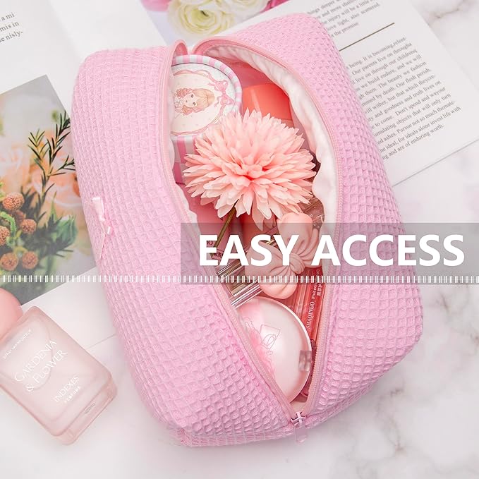 Cozy Makeup Bag for Women,Zipper Cosmetic Pouch,Waffle Candy Pink,2 Pack