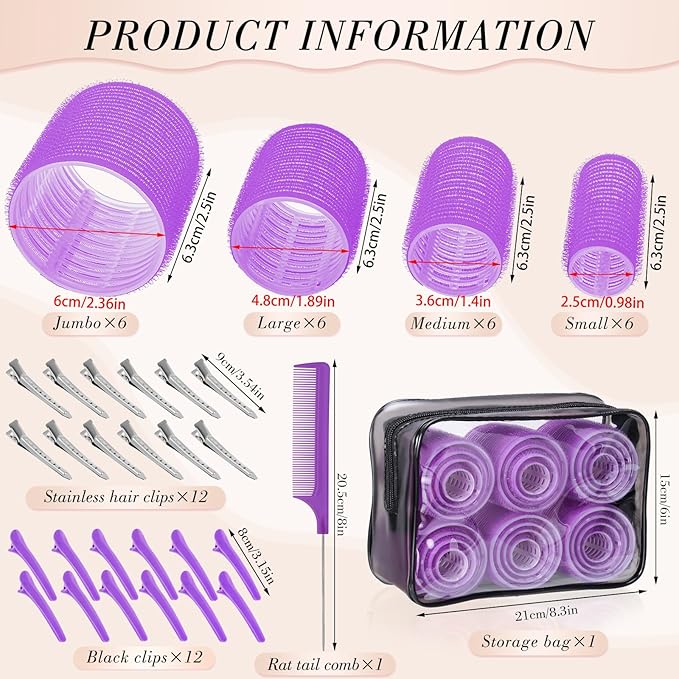 obeoby 4 Sizes Hair Rollers Curlers Set with Clips for Women Girls, Purple