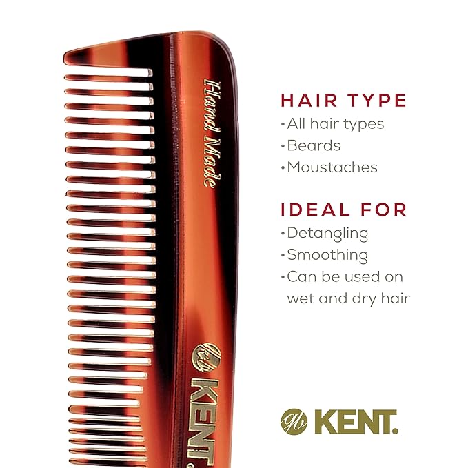 Kent R7T Double Tooth Hair Pocket Comb, Small Coarse/Wide Comb for Hair, Beard, and Mustache Grooming for Men, Women, and Kids - Saw Cut, Hand Polished, Handmade in England