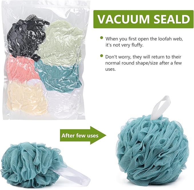 6 Pack Shower Loofah Bath Sponge, 75g/pc Large Exfoliating Body Scrubber Shower Scrunchies for Women and Men