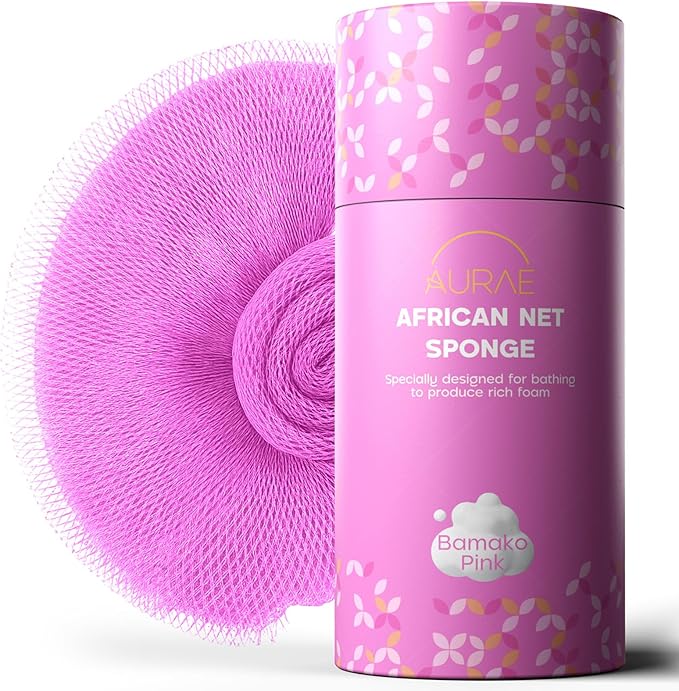 AURAE Premium African Net Sponge – Authentic Exfoliating Body Scrubber, 45-Inch, Quick-Drying – Pink