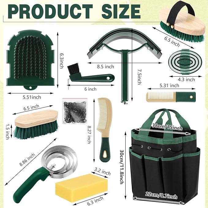 Abbylike 12 Pieces Horse Grooming Kit with Organizer Tote Bag Tack Room Supplies Horse Brush Sets Equine Care Cleaning Kit Shedding Grooming Massaging Tools (Khaki and Green)