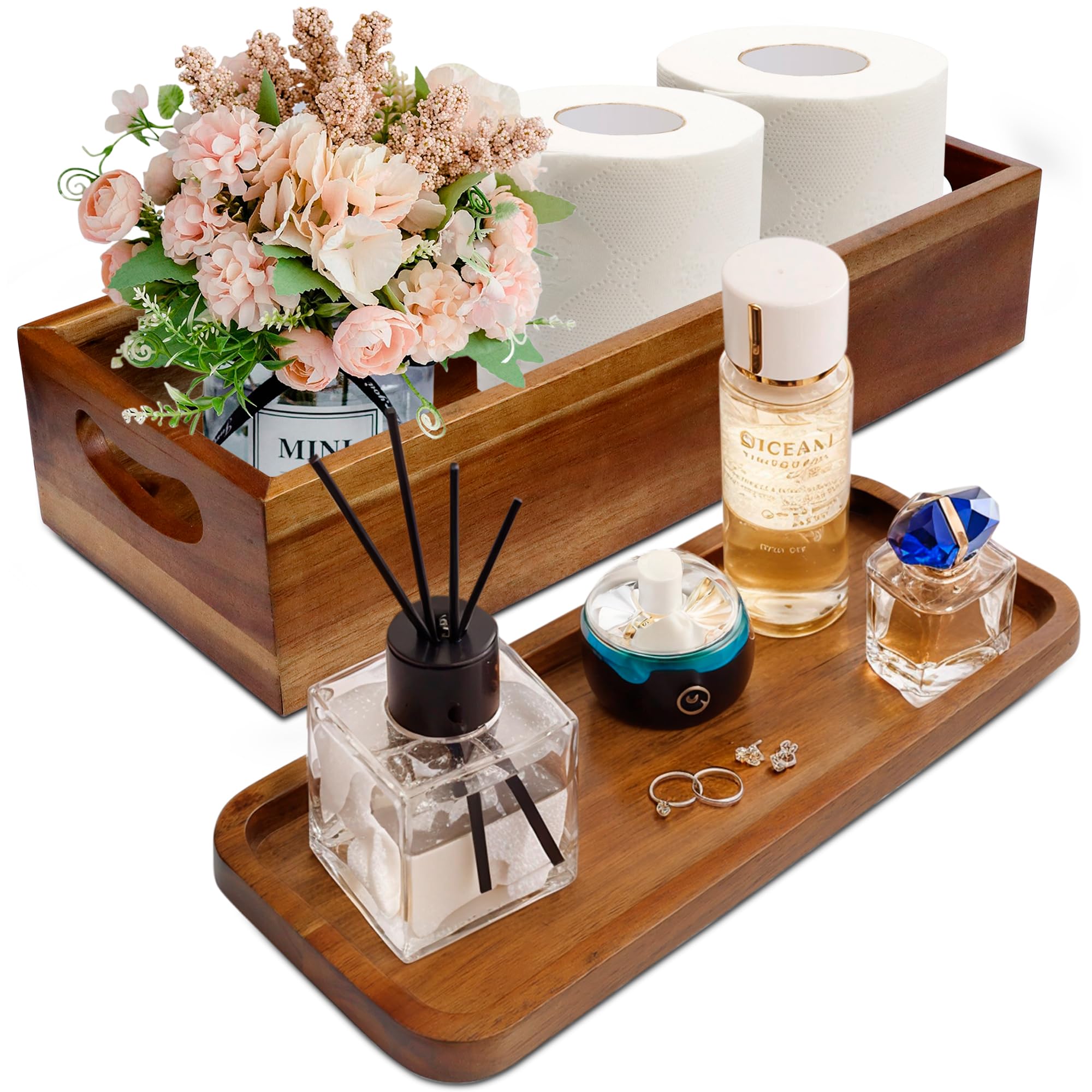 DEMIGO Toilet Tank Topper & Vanity Tray, Natural Acacia Wood Decor Set