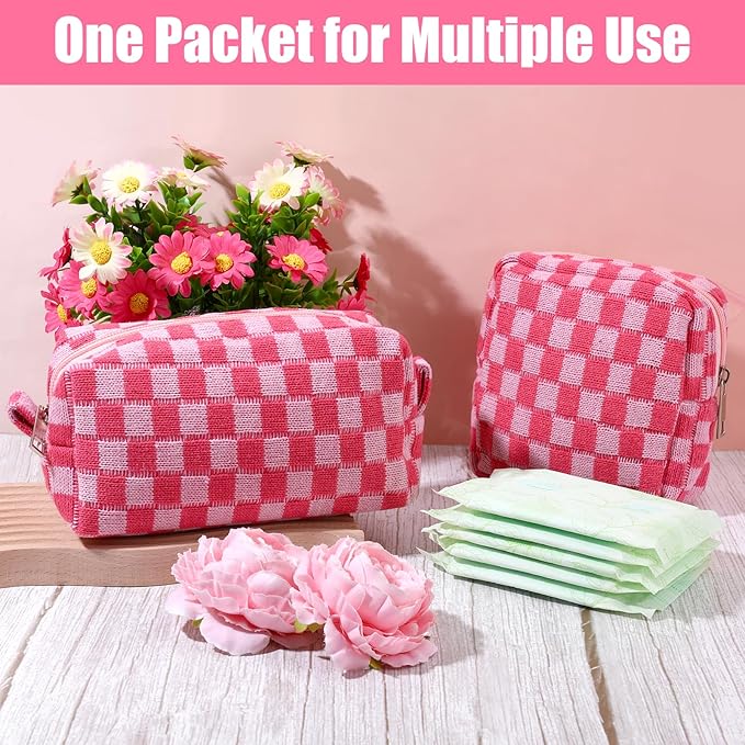 2 Pcs Sanitary Napkin Storage Bag, Zipper Checkered Sanitary Pouch Period Bags, Portable Tampon Pad Pouch Pad Bag for Women Travel Daily, Reusable Period Bag for Teen Girls for School Women Pink