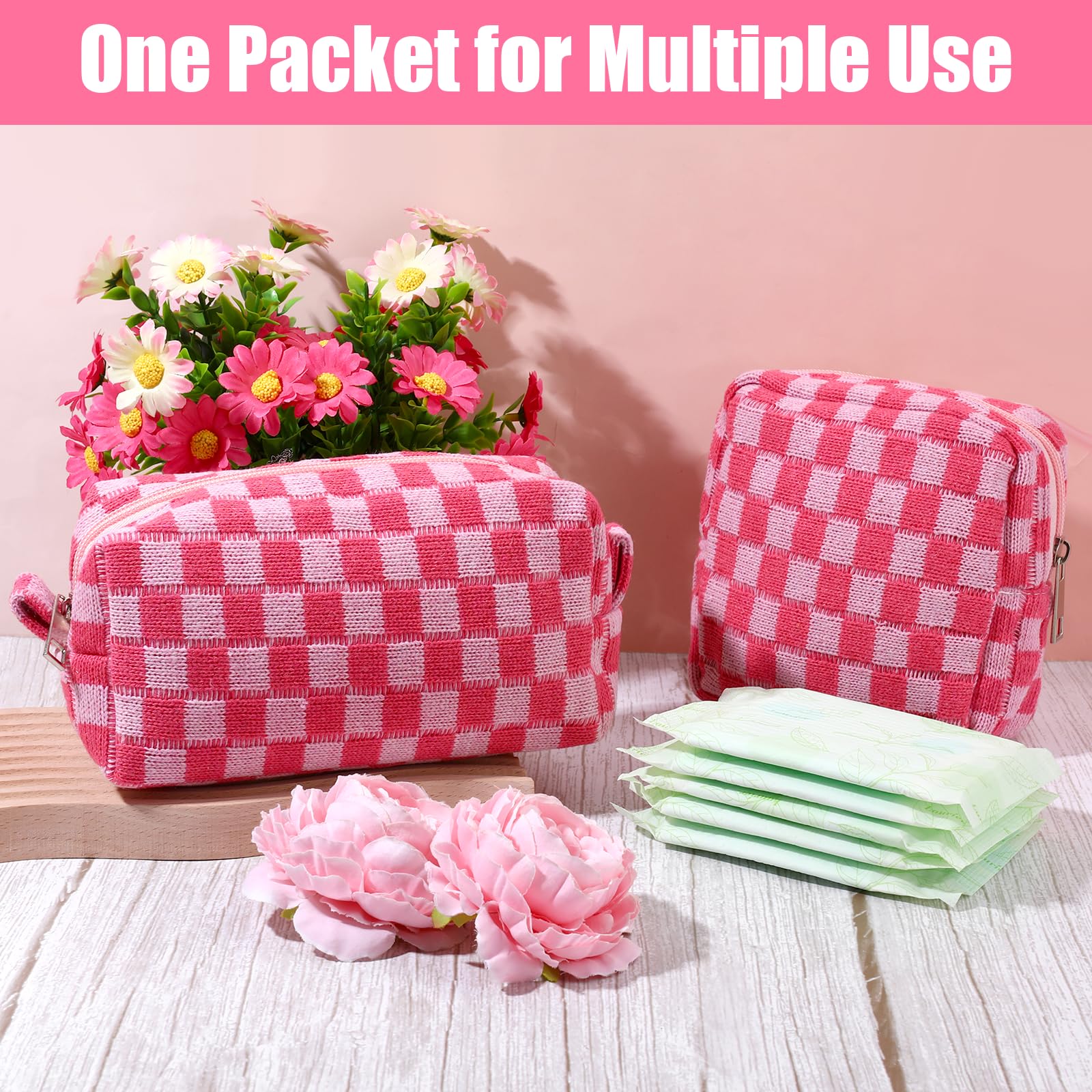 2 Pcs Sanitary Napkin Storage Bag, Zipper Checkered Sanitary Pouch Period Bags, Portable Tampon Pad Pouch Pad Bag for Women Travel Daily, Reusable Period Bag for Teen Girls for School Women Pink