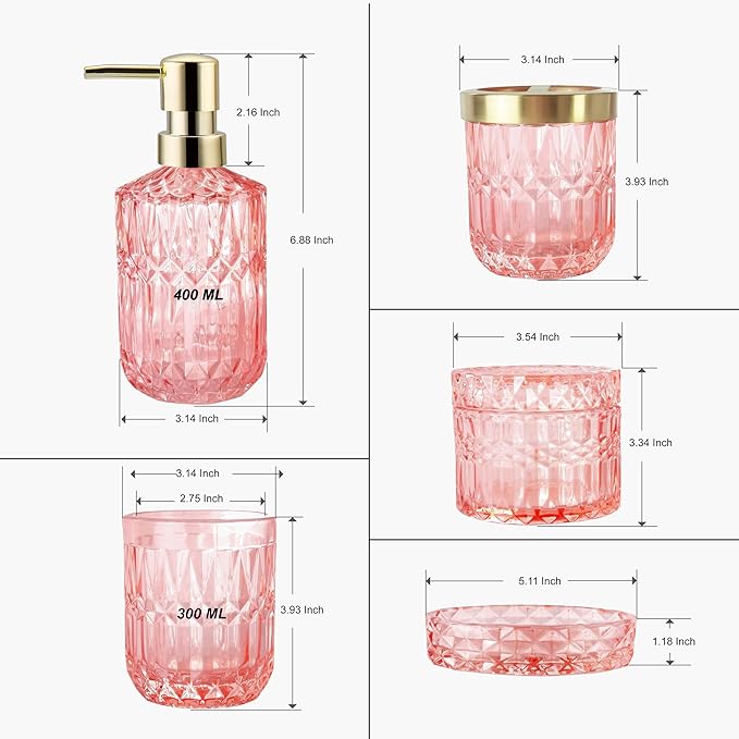 LaMarriti 5pcs Pink Bathroom Accessory Set, Clear Glass Bathroom Set, Soap Dispenser and Toothbrush Holder Set, Soap Dish, Tumbler, Qtips Holder for Crystal Modern Bathroom Decor, Set