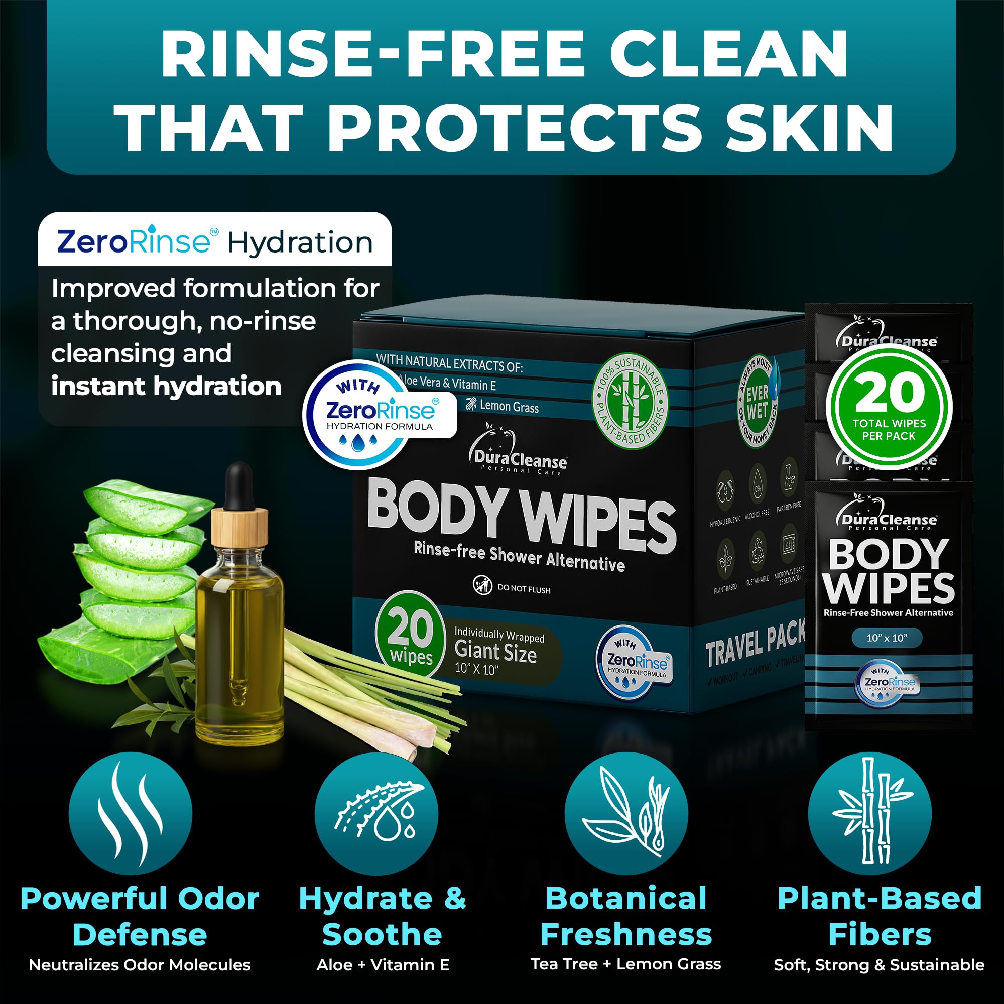 Travel Body Wipes for Men - 20 XL Shower Wipes for Adults Bathing No Rinse - Individually Wrapped 10”x10” Disposable Washcloths, Face Towels, Gym Mens Deodorant Sheets, Camping Essentials & Must Haves