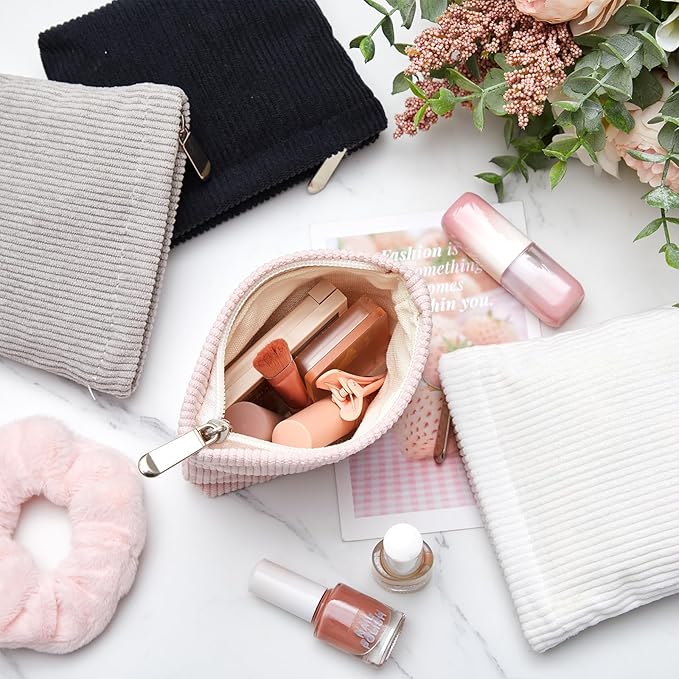 Abbylike 4 Pcs Small Makeup Bag Corduroy Cosmetic Pouch with Zipper Portable Little Bags for Purse Mini Pouch Cute Makeup Purse for Coin Essentials Items Women (Clean)