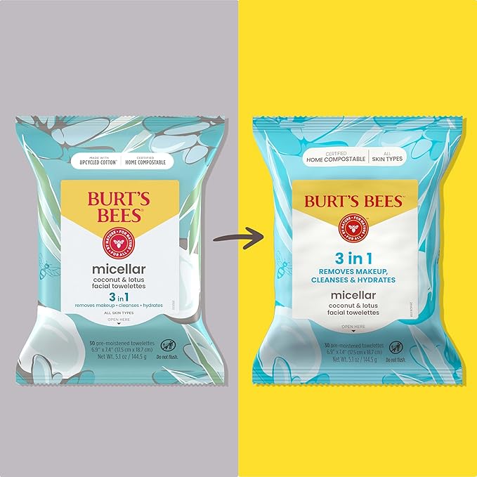 Face Wipes, Burt's Bees Facial Cleansing, Makeup Remover Towelettes, 3 in 1 Hydrating Micellar Cleanser with Coconut & Lotus Water, 90 Count (Packaging May Vary)