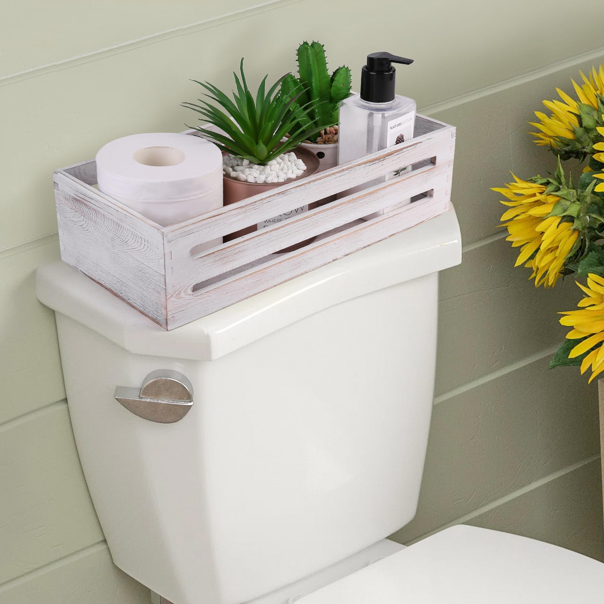 LotFancy Bathroom Decor Box, 2 Pack Wooden Toilet Paper Holder, White Toilet Storage Basket for Back of Toilet, Farmhouse Toilet Tank Topper
