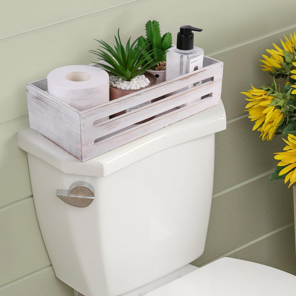 LotFancy Bathroom Decor Box, 2 Pack Wooden Toilet Paper Holder, White Toilet Storage Basket for Back of Toilet, Farmhouse Toilet Tank Topper