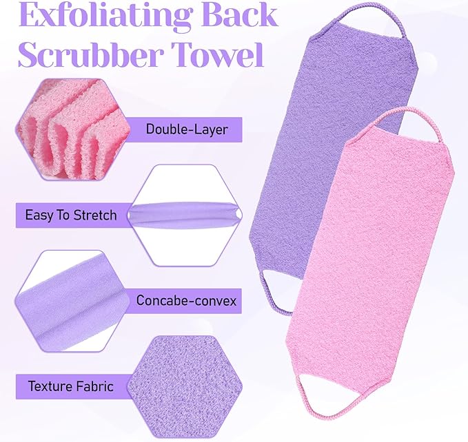 2 Pack Exfoliating Back Towel Scrubber for Shower, Nylon Exfoliating Back Washer for Shower for Women with Handles, Stretchable Pull Strap Bath Scrubber for Women Men Clean Skin Deeply(Pink, Purple)