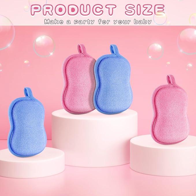 Tatuo 4 Pieces Baby Bath Sponge Toddler Bath Sponge Soft Comfy Cotton Absorbent Loofah for Kids Babies Boy Girl(Pink,Blue)