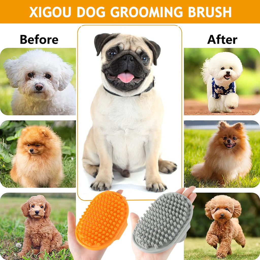 XIGOU Dog Bath Brush, 2 Pcs Short Hair Grooming Brush for Dogs & Cats - Soothing Massage Rubber Bristles Curry Comb with Adjustable Handle