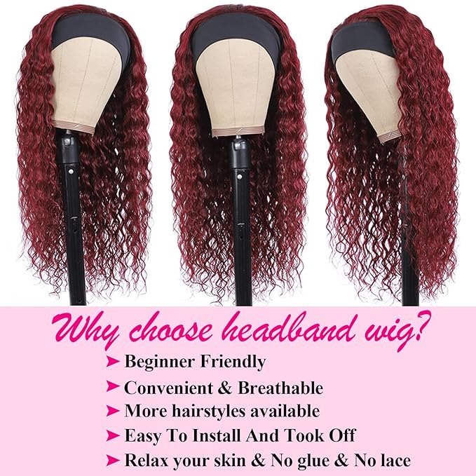 Aiterina Headband Wig deep wave human hair wigs for Black Women Brazilian Remy Hair Glueless Non Lace Front Wig 150% Density (12 inch, 99J)