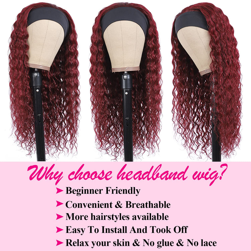 Aiterina Headband Wig deep wave human hair wigs for Black Women Brazilian Remy Hair Glueless Non Lace Front Wig 150% Density (10 inch, 99J)