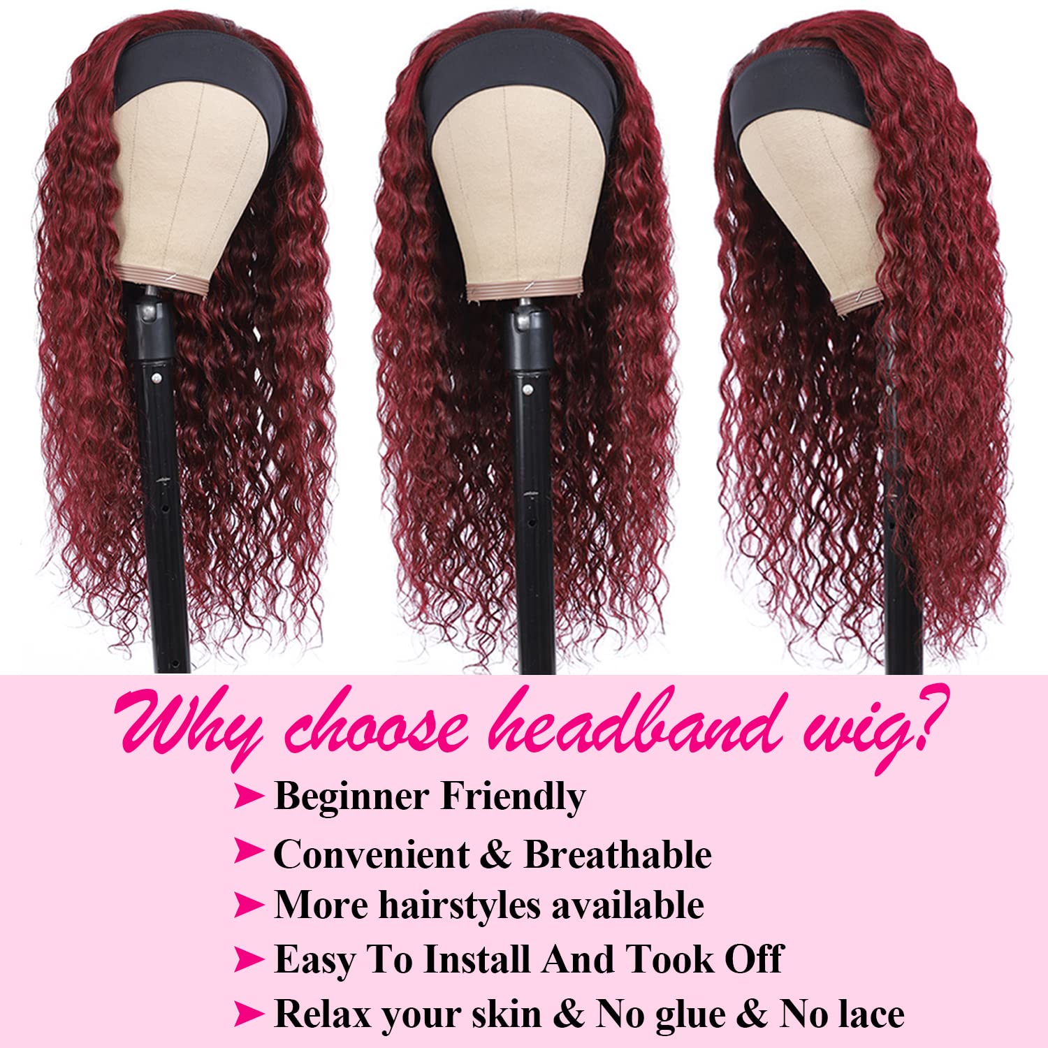 Aiterina Headband Wig deep wave human hair wigs for Black Women Brazilian Remy Hair Glueless Non Lace Front Wig 150% Density (10 inch, 99J)