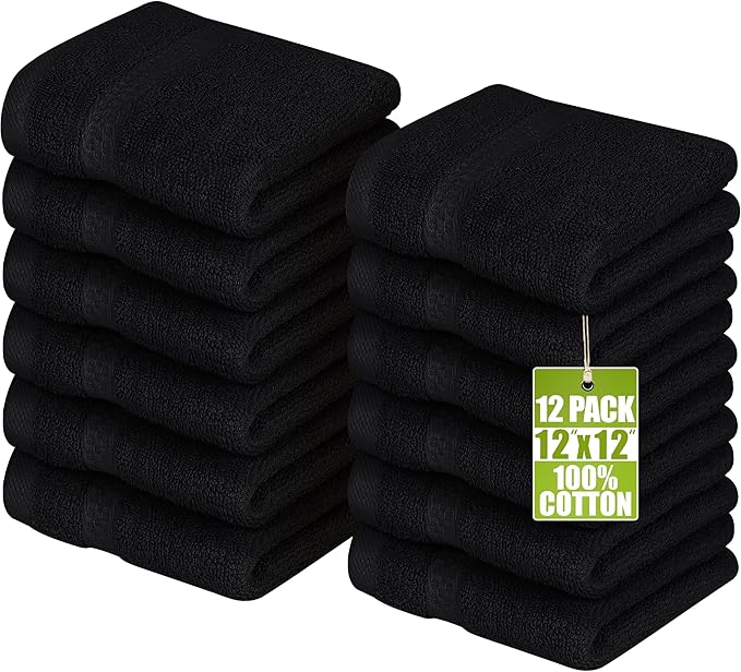 Utopia Towels 12 Pack Premium Wash Cloths Set, 12 by 12 Inches, 100% Cotton Ring Spun, Highly Absorbent and Soft Feel Essential Washcloths for Bathroom, Spa, Gym, and Face, Black