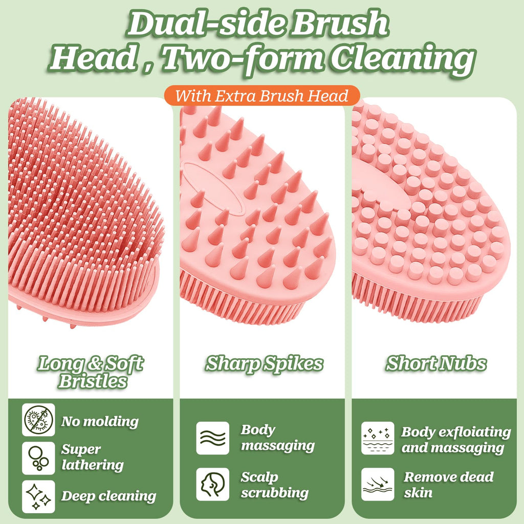 GEENOA Silicone Back Scrubber for Shower, Gentle Shower Scrubber for Lathering, Softe Silicone Loofah with Two Replaceable Brush Heads, Good for Kids, Sensitive Skin(Pink-Two Heads)