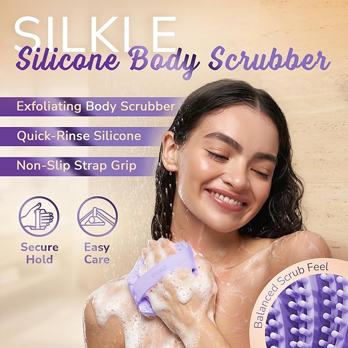 Silicone Body Scrubber – Gentle Exfoliating Shower Scrubber for Body & Bath, Silicone Shower Brush & Loofah Alternative – Non-Slip Silicone Body Brush, Quick Dry, Hygienic - Purple