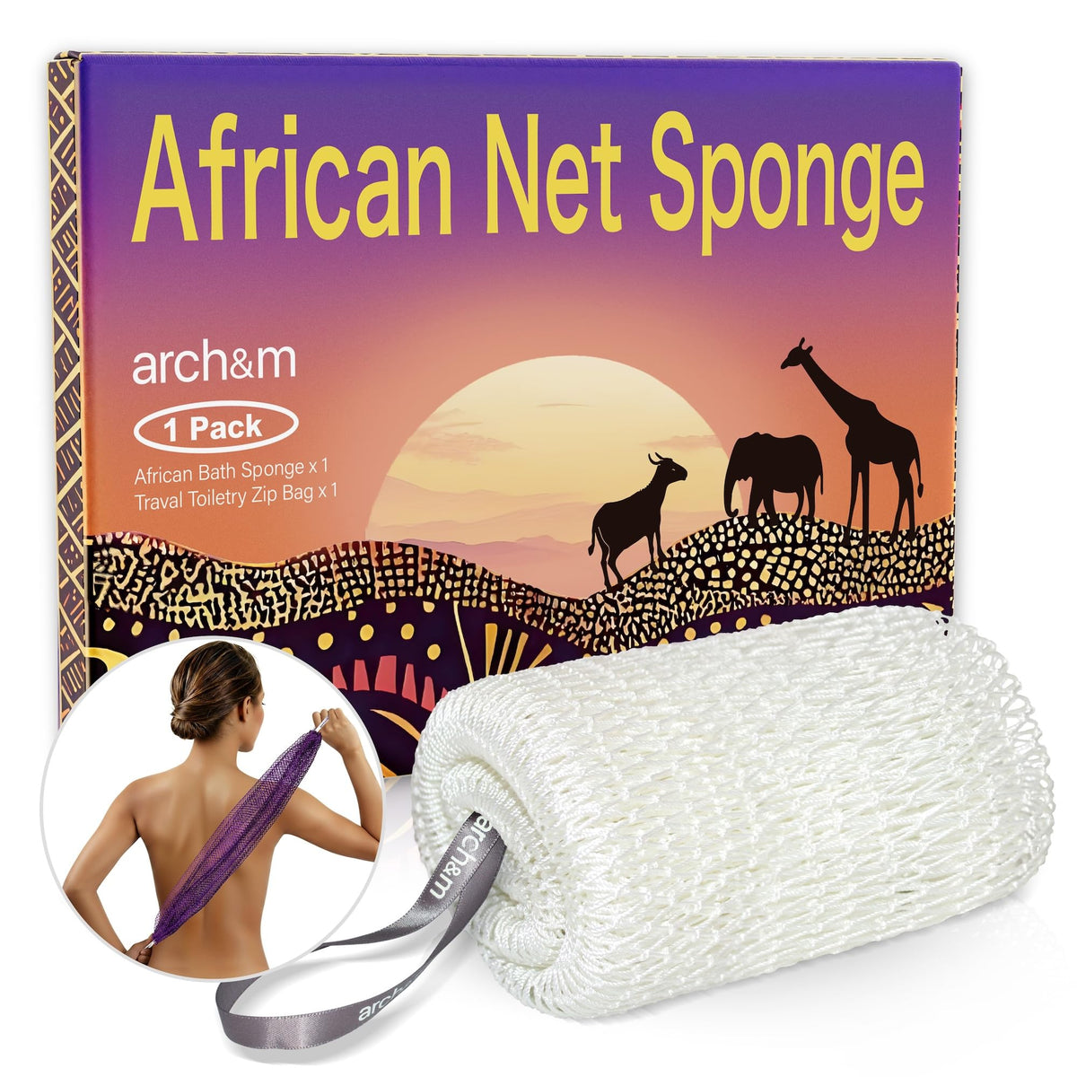 ARCH&M African Net Sponge Authentic with Knots, 2 Pack 53" Extra-Long