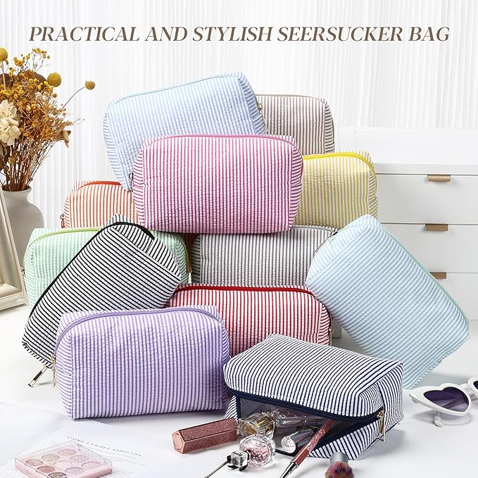 Sanwuta 12 Pcs Seersucker Cosmetic Bags Bulk Seersucker Makeup Bags Stripe Women Pouch Large Preppy Storage Pouch Toiletry Travel for Wedding Bridesmaid Bride Favor Back to Teacher Gift (Neutral)