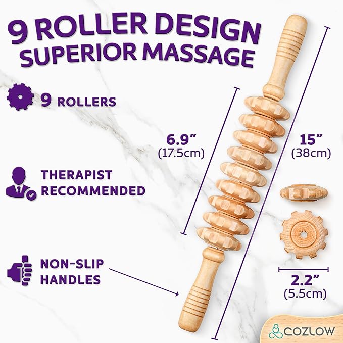 COZLOW Wooden Massage Roller Stick (9 Rollers) - Curved Wood Therapy Massage Tool for Body Sculpting, Fascia Release & Lymphatic Drainage - Maderotherapy Helps Reduce Cellulite Appearance