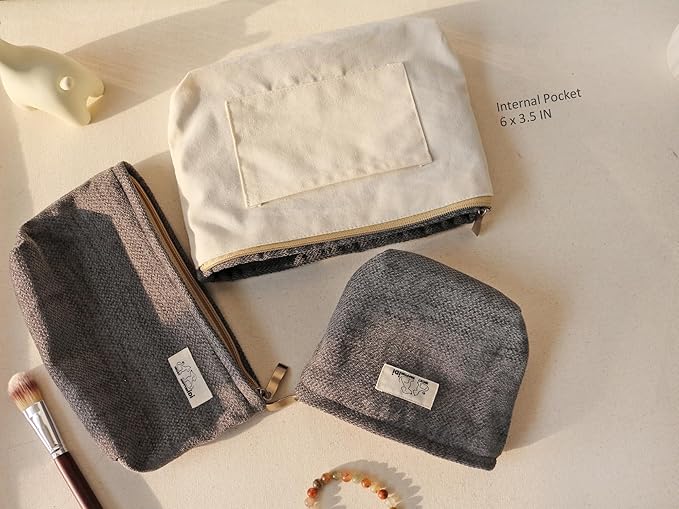 HAPPYHEIDI Gray Velvet Corduroy Makeup Bag Set 3 with Compartment Women Girls Cosmetic Toiletry Pouch,Travel Accessory Organizer, 3-Size, Canvas Lined