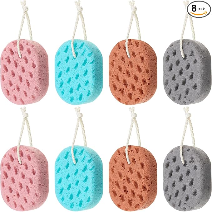 Boao 8 Pcs Bath Sponge for Women Men, Soft Shower Sponge Body Wash Scrubber Gentle Cleaning Loofahs for Shower(Brown, Lilac, Gray, Bright Green,Solid Color)