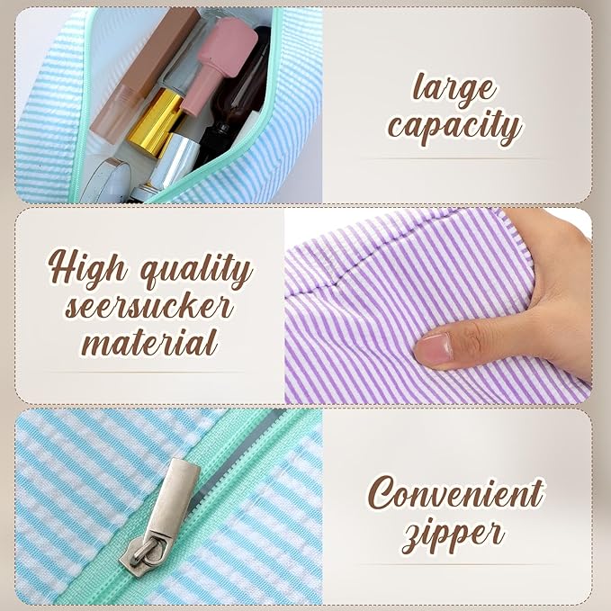 Sanwuta 9 Seersucker Cosmetic Bag Bulk Striped Makeup Bag for Women Aesthetic Cute Travel Toiletry Organizer Preppy Storage Pouch for Wedding Bridesmaid Mother's Day Teacher Gift (Large,Candy Color)
