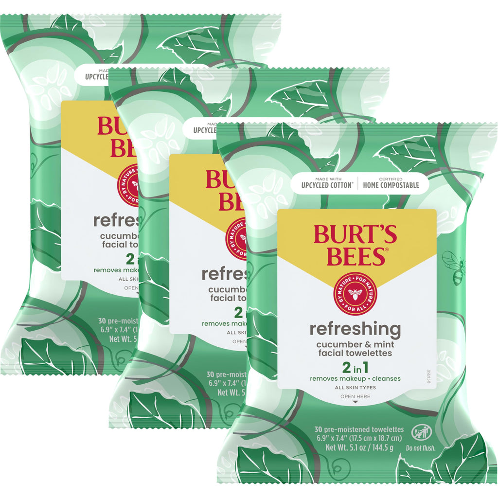 Burt's Bees Cucumber and Mint Face Wipes, Refreshing Makeup Remover and Facial Cleansing Towelettes, 99 Percent Natural Origin, Remove Makeup, Cleanse, All Skin Types, 30 ct., Three Pack