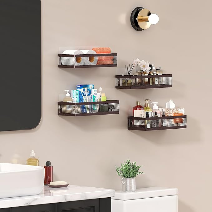 PUSDON Mesh Shower Caddy Wall Mount, Heavy Duty Adhesive Bathroom Shelf Organizer, Rustproof Floating Spice Rack for Kitchen Pantry, Holds 50 LBS, Multi-Purpose Storage Vintage Bronze -2 Packs Netting