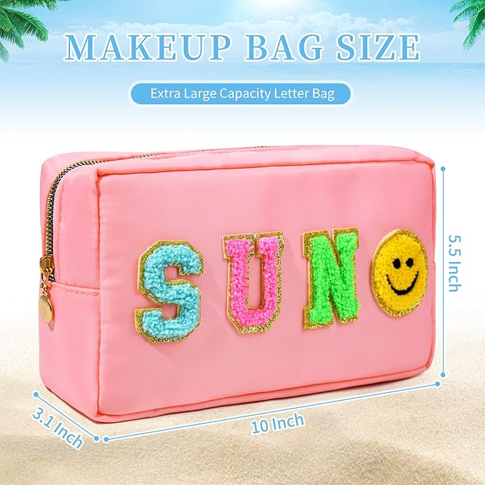 SOIDRAM Preppy Sun Makeup Bag Nylon Cosmetic Bag Stuff Makeup Pouch for Women Travel Toiletry Bag Organizer Cute Makeup Brushes Storage Bag with Chenille Letter Patches