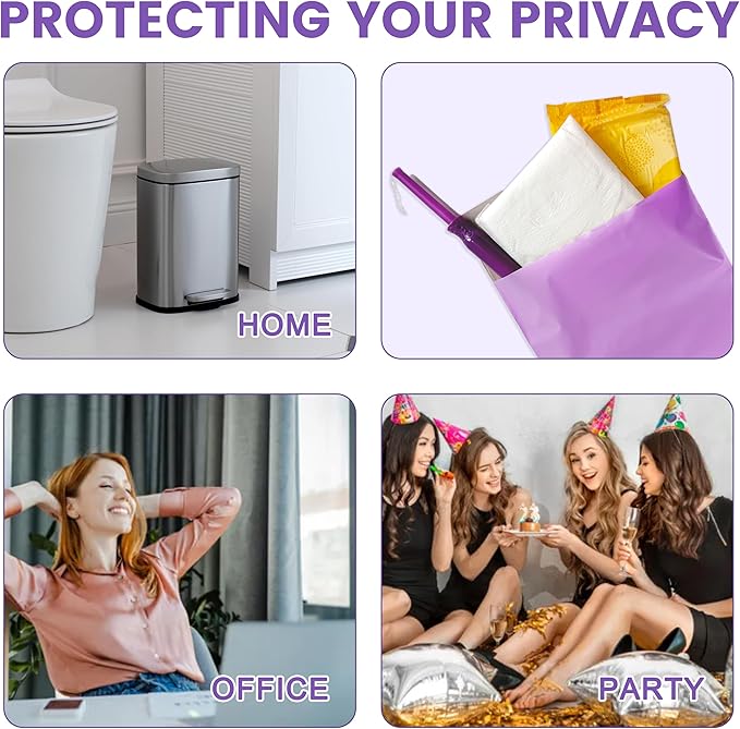Disposable Sanitary Bags, 100 Pcs, Purple, Self-sealing, Odor-proof, Rectangular, Plastic, 10" x 6" Bags for Feminine Hygiene, Personal Waste, or Pet Waste