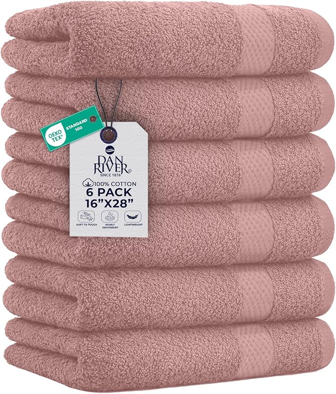 DAN RIVER 6-Pack Premium Hand Towels (16x28 Inches) - 100% Cotton, Ultra Soft, Lightweight, Highly Absorbent Towels for Bathroom, Spa, Gym, Salon, Hotel, and Travel - Dusty Pink