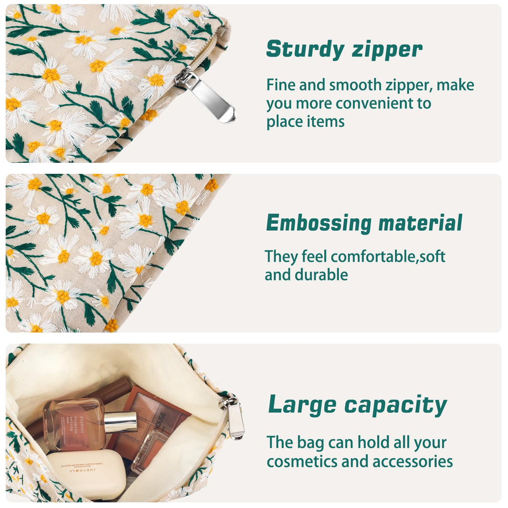 ZLFSRQ Daisy Flower Makeup Bag Travel Cute Floral Cosmetic Bag for Women Girls Small Embroidery Makeup Zipper Portable Storage Toiletry Pouch for Purse Aesthetic Christmas Essential Cosmetic Organizer