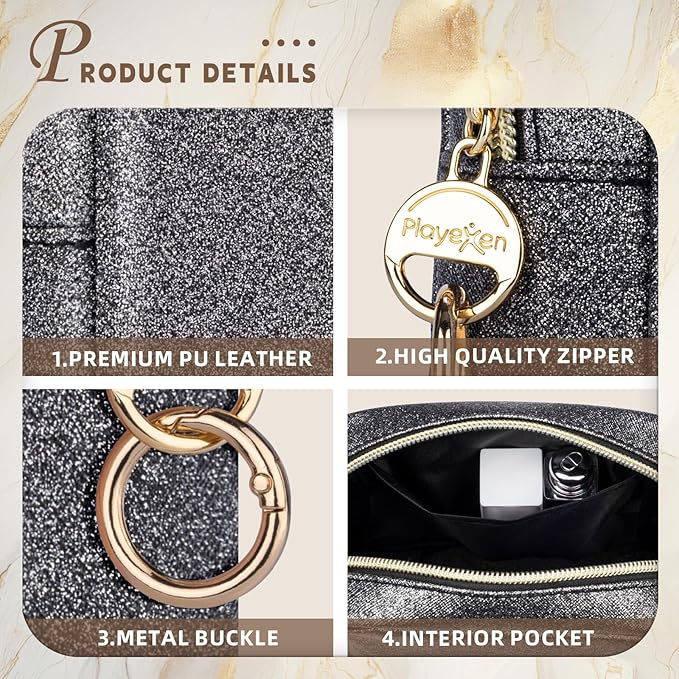 Playexen 5.7" Small Makeup Bag, Glitter Cosmetics Bag for Purse, Portable Small Travel Makeup Pouch with Ring Buckle (Purple)