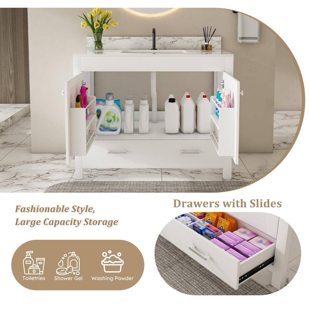 Montary 42" Bathroom Vanity with 43" Sintered Stone Carrara White Top, Modern Stylish MDF Bathroom Storage Cabinet, Vanity Set with 2 Doors and One Large Divided Drawer, White (Single Hole)