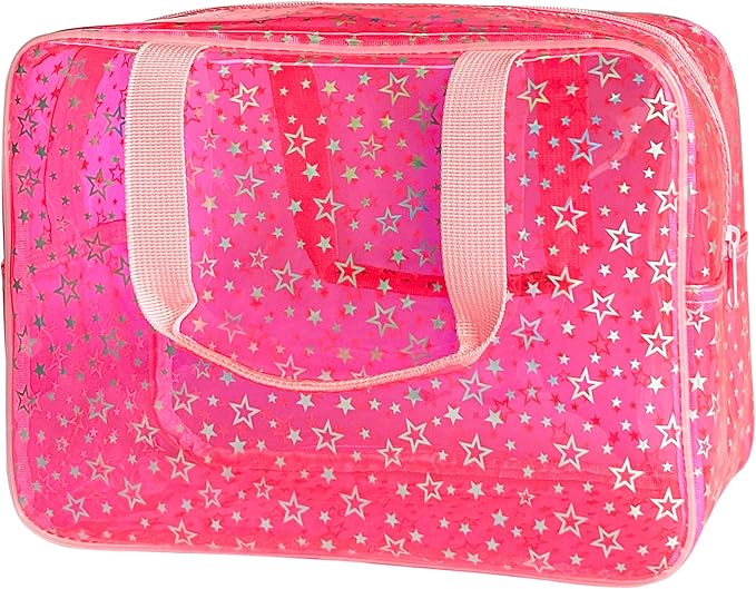 TotePrint Clear Star Large Cosmetic Bag and Travel Pouch with Handle,Durable Material,Zipper Design-Ideal for Makeup,Travel Essentials (Pink+Shiny Star)